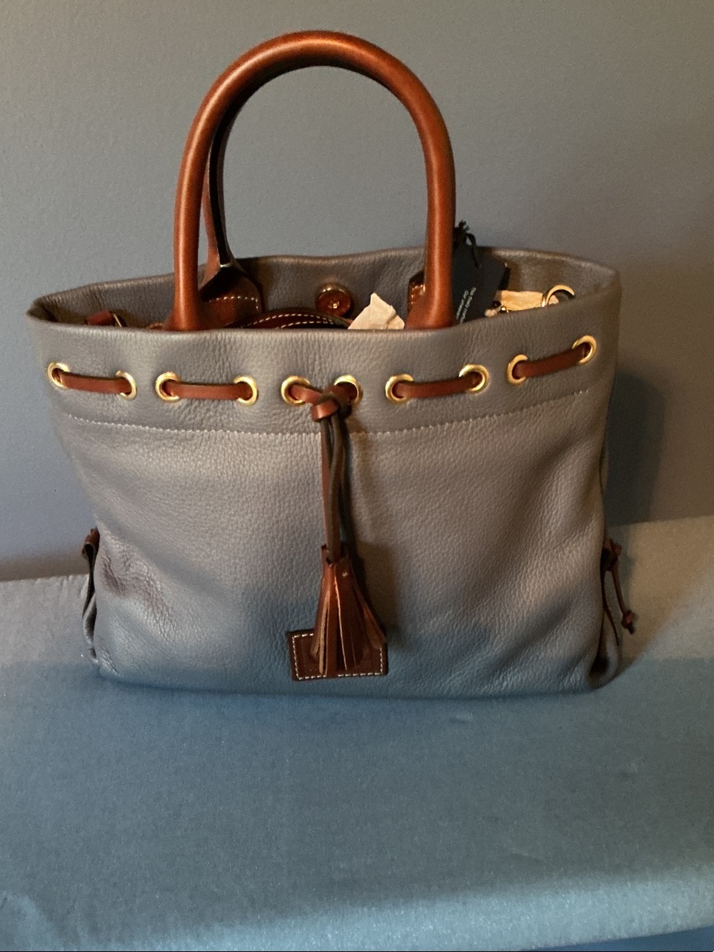 Dooney & Bourke Gray Leather Satchel with Brown Handles